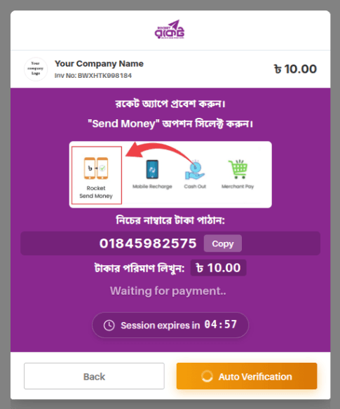 Rocket Payment Instruction panel configuration