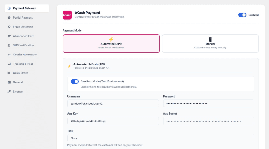 bKash Payment Settings Panel