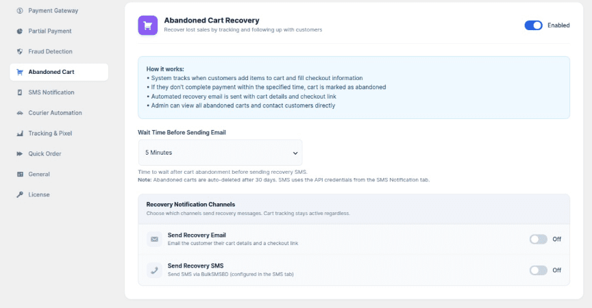 Abandoned Cart settings panel