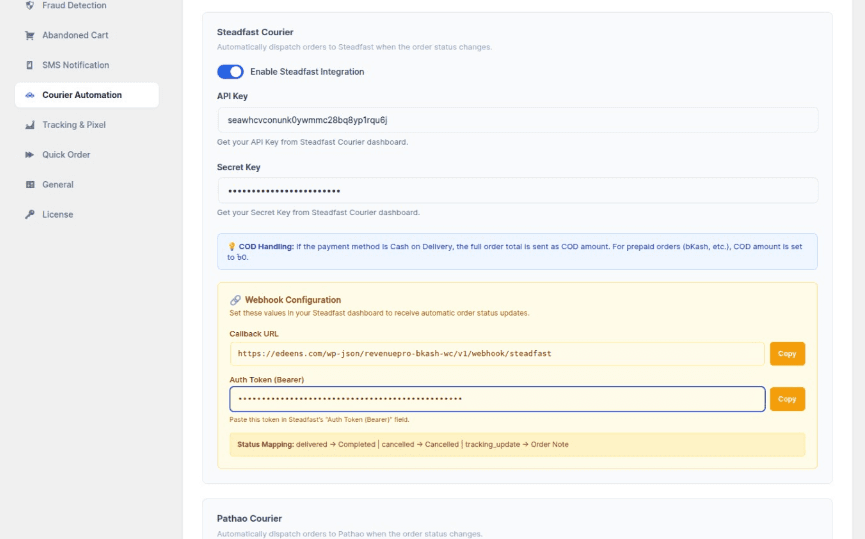 Courier Automation Settings with Webhooks