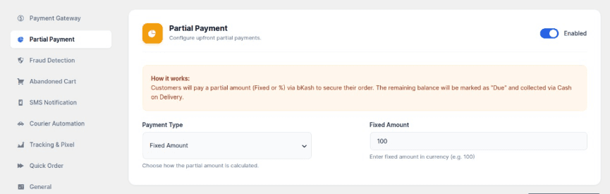 Partial Payment Settings Configuration
