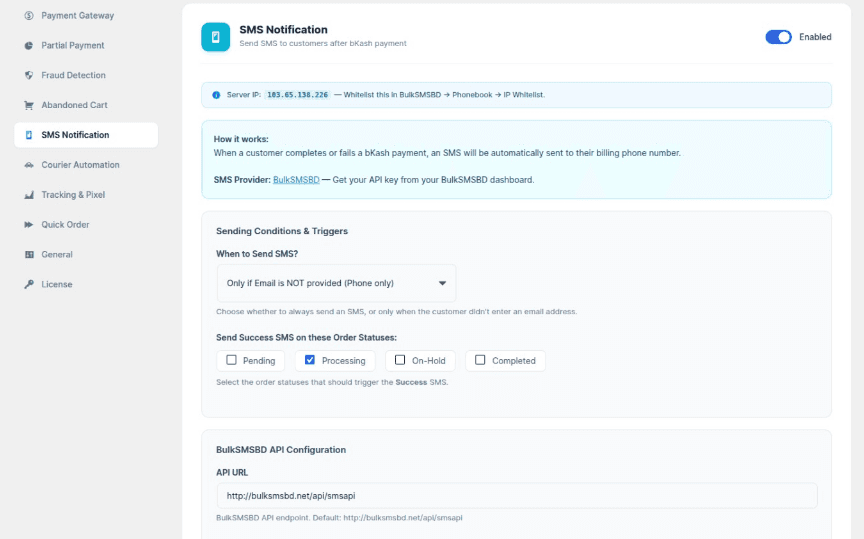 SMS Notifications Provider Settings